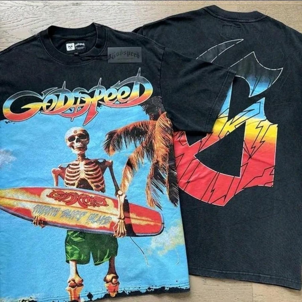 Godspeed Graphic T-Shirt with Skeleton and Surfboard